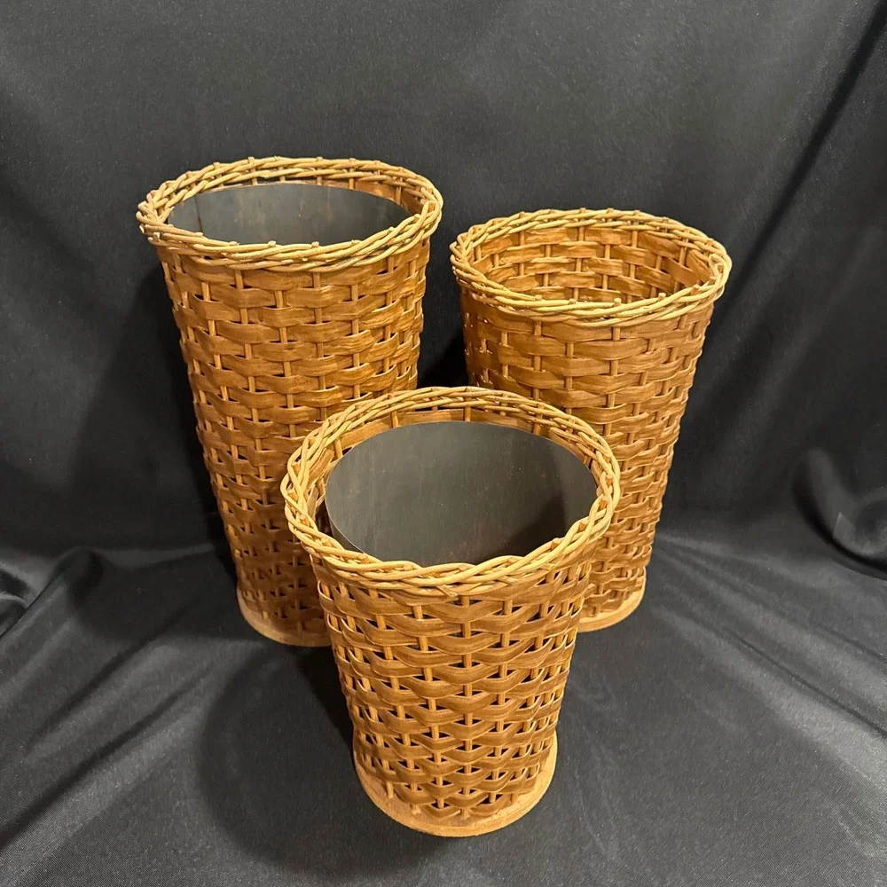 Vintage 3pc Set Woven Wicker Display Basket Vases w/ 2 Metal Liners 14